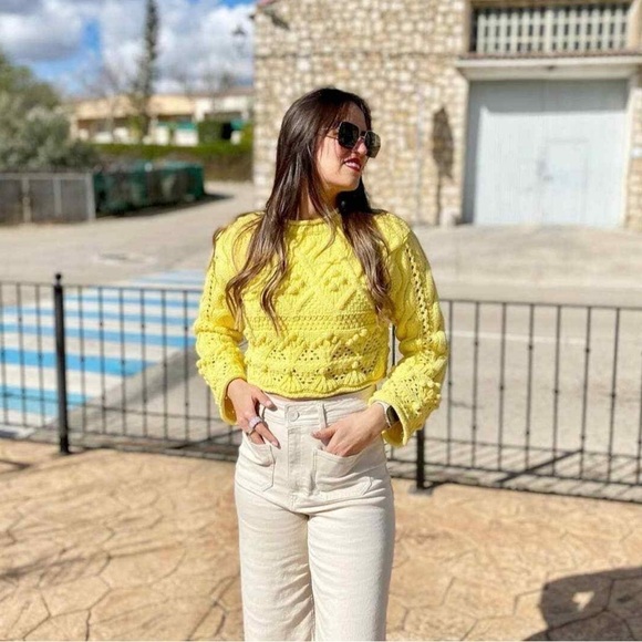 NWT ZARA Pom Pom Knit Yellow Cropped Sweater Sz S - Picture 6 of 8